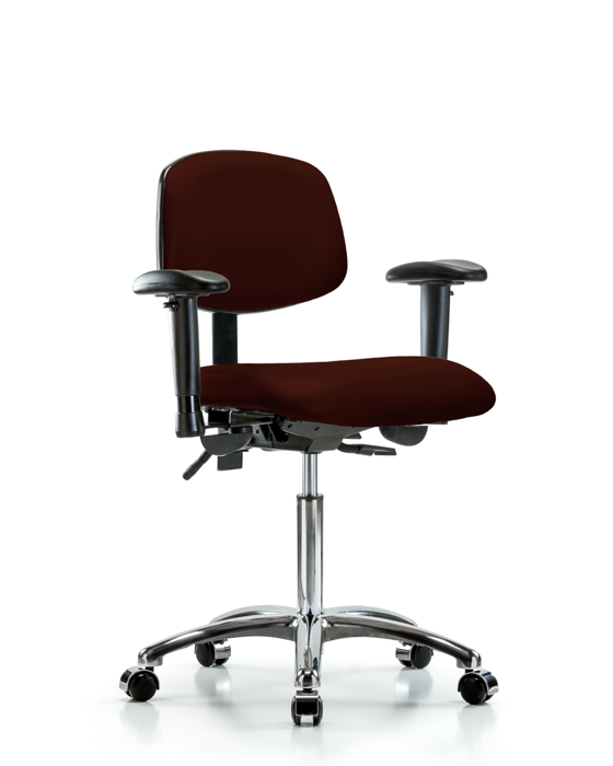 Blue Ridge Ergonomics VMBCH-CR-T1-A1-NF-CC-8569 Rutledge Vinyl Chair Chrome - Medium Bench Height with Seat Tilt, Adjustable Arms, & Casters in Burgundy Trailblazer™ Vinyl