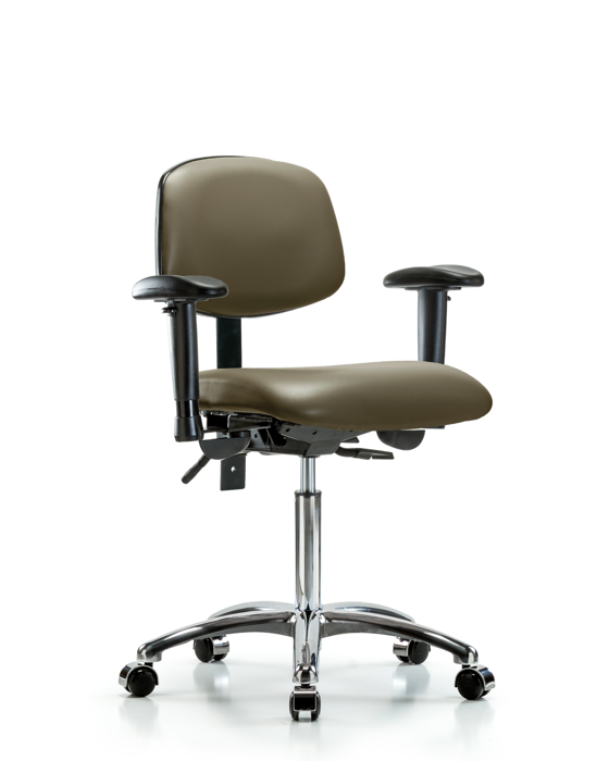 Blue Ridge Ergonomics VMBCH-CR-T1-A1-NF-CC-8809 Rutledge Vinyl Chair Chrome - Medium Bench Height with Seat Tilt, Adjustable Arms, & Casters in Taupe Supernova™ Vinyl