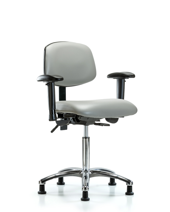Blue Ridge Ergonomics VMBCH-CR-T1-A1-NF-RG-8567 Rutledge Vinyl Chair Chrome - Medium Bench Height with Seat Tilt, Adjustable Arms, & Stationary Glides in Dove Trailblazer™ Vinyl