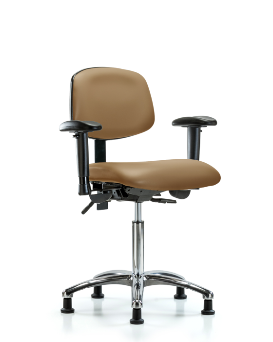 Blue Ridge Ergonomics VMBCH-CR-T1-A1-NF-RG-8584 Rutledge Vinyl Chair Chrome - Medium Bench Height with Seat Tilt, Adjustable Arms, & Stationary Glides in Taupe Trailblazer™ Vinyl