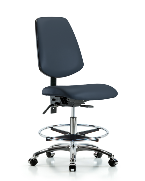 Blue Ridge Ergonomics VMBCH-MB-CR-T0-A0-CF-CC-8582 Rutledge Vinyl Chair Chrome - Medium Bench Height with Medium Back, Chrome Foot Ring, & Casters in Imperial Blue Trailblazer™ Vinyl