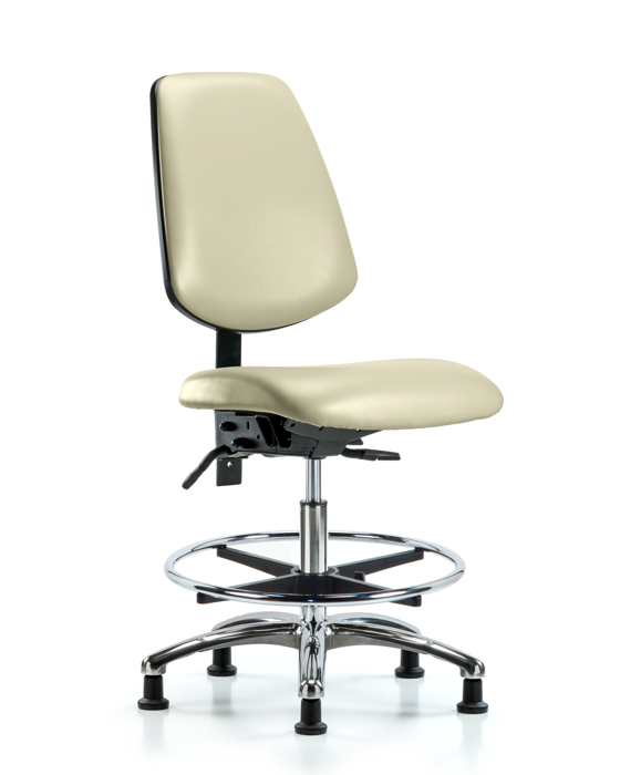 Blue Ridge Ergonomics VMBCH-MB-CR-T0-A0-CF-RG-8501 Rutledge Vinyl Chair Chrome - Medium Bench Height with Medium Back, Chrome Foot Ring, & Stationary Glides in Adobe White Trailblazer™ Vinyl