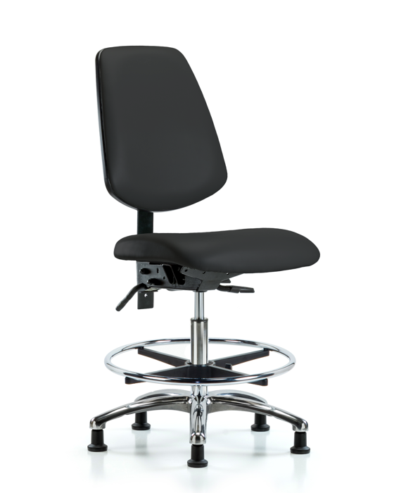 Blue Ridge Ergonomics VMBCH-MB-CR-T0-A0-CF-RG-8540 Rutledge Vinyl Chair Chrome - Medium Bench Height with Medium Back, Chrome Foot Ring, & Stationary Glides in Black Trailblazer™ Vinyl
