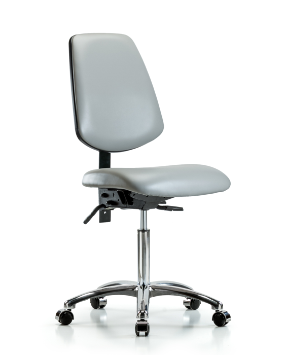 Blue Ridge Ergonomics VMBCH-MB-CR-T0-A0-NF-CC-8567 Rutledge Vinyl Chair Chrome - Medium Bench Height with Medium Back & Casters in Dove Trailblazer™ Vinyl