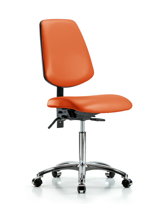 Blue Ridge Ergonomics VMBCH-MB-CR-T0-A0-NF-CC-8613 Rutledge Vinyl Chair Chrome - Medium Bench Height with Medium Back & Casters in Orange Kist Trailblazer™ Vinyl