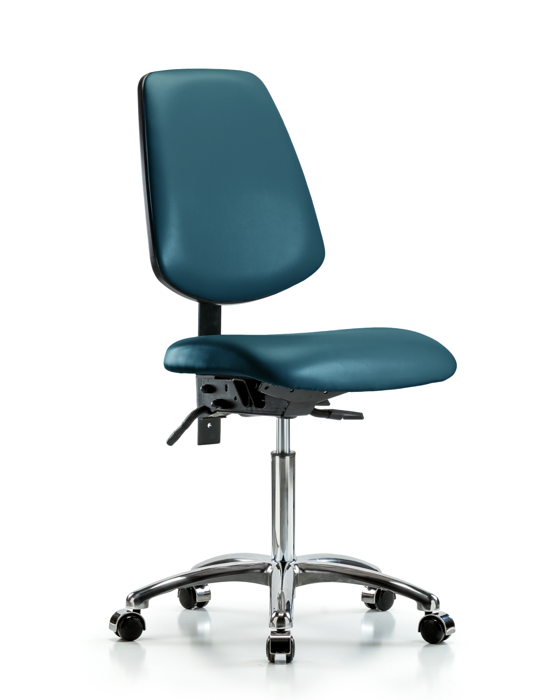 Blue Ridge Ergonomics VMBCH-MB-CR-T0-A0-NF-CC-8801 Rutledge Vinyl Chair Chrome - Medium Bench Height with Medium Back & Casters in Marine Blue Supernova™ Vinyl