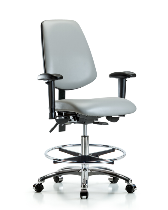 Blue Ridge Ergonomics VMBCH-MB-CR-T0-A1-CF-CC-8567 Rutledge Vinyl Chair Chrome - Medium Bench Height with Medium Back, Adjustable Arms, Chrome Foot Ring, & Casters in Dove Trailblazer™ Vinyl