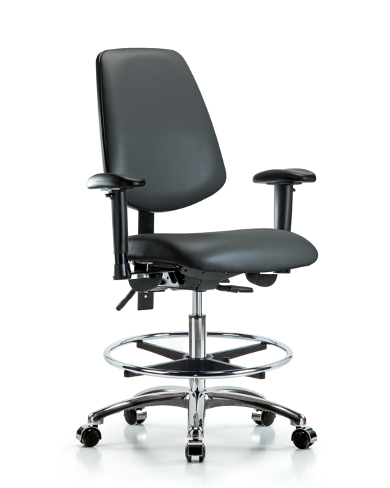 Blue Ridge Ergonomics VMBCH-MB-CR-T0-A1-CF-CC-8823 Rutledge Vinyl Chair Chrome - Medium Bench Height with Medium Back, Adjustable Arms, Chrome Foot Ring, & Casters in Carbon Supernova™ Vinyl