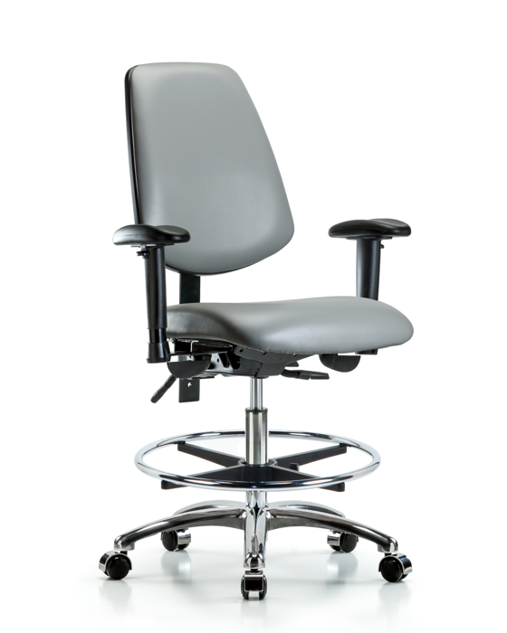 Blue Ridge Ergonomics VMBCH-MB-CR-T0-A1-CF-CC-8840 Rutledge Vinyl Chair Chrome - Medium Bench Height with Medium Back, Adjustable Arms, Chrome Foot Ring, & Casters in Sterling Supernova™ Vinyl
