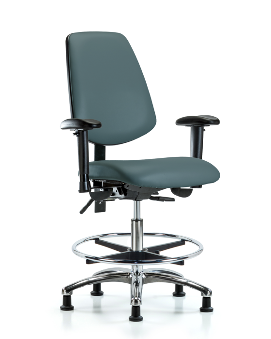 Blue Ridge Ergonomics VMBCH-MB-CR-T0-A1-CF-RG-8546 Rutledge Vinyl Chair Chrome - Medium Bench Height with Medium Back, Adjustable Arms, Chrome Foot Ring, & Stationary Glides in Colonial Blue Trailblazer™ Vinyl