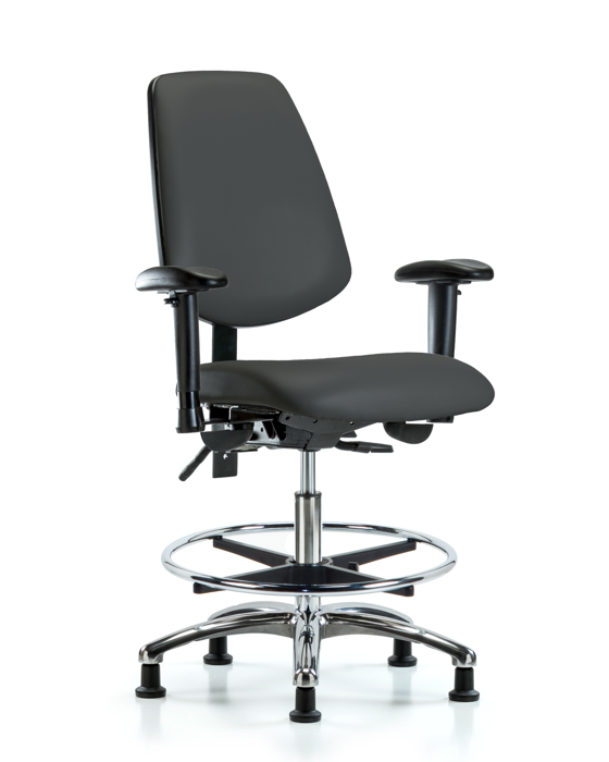 Blue Ridge Ergonomics VMBCH-MB-CR-T0-A1-CF-RG-8605 Rutledge Vinyl Chair Chrome - Medium Bench Height with Medium Back, Adjustable Arms, Chrome Foot Ring, & Stationary Glides in Charcoal Trailblazer™ Vinyl