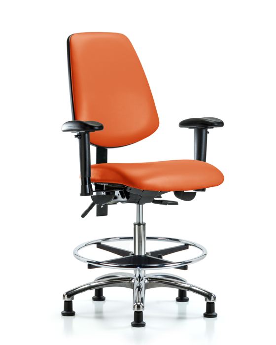Blue Ridge Ergonomics VMBCH-MB-CR-T0-A1-CF-RG-8613 Rutledge Vinyl Chair Chrome - Medium Bench Height with Medium Back, Adjustable Arms, Chrome Foot Ring, & Stationary Glides in Orange Kist Trailblazer™ Vinyl