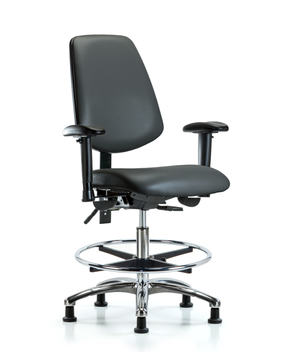 Blue Ridge Ergonomics VMBCH-MB-CR-T0-A1-CF-RG-8823 Rutledge Vinyl Chair Chrome - Medium Bench Height with Medium Back, Adjustable Arms, Chrome Foot Ring, & Stationary Glides in Carbon Supernova™ Vinyl