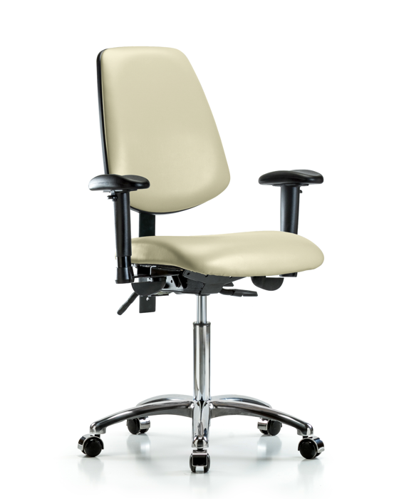 Blue Ridge Ergonomics VMBCH-MB-CR-T0-A1-NF-CC-8501 Rutledge Vinyl Chair Chrome - Medium Bench Height with Medium Back, Adjustable Arms, & Casters in Adobe White Trailblazer™ Vinyl