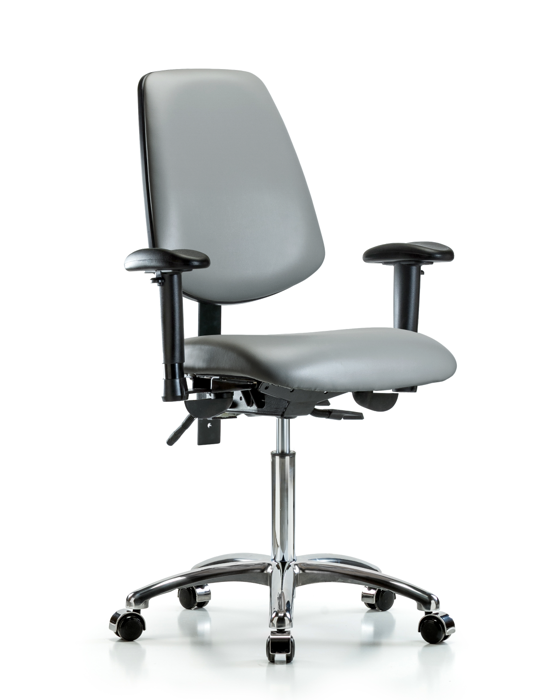 Blue Ridge Ergonomics VMBCH-MB-CR-T0-A1-NF-CC-8840 Rutledge Vinyl Chair Chrome - Medium Bench Height with Medium Back, Adjustable Arms, & Casters in Sterling Supernova™ Vinyl