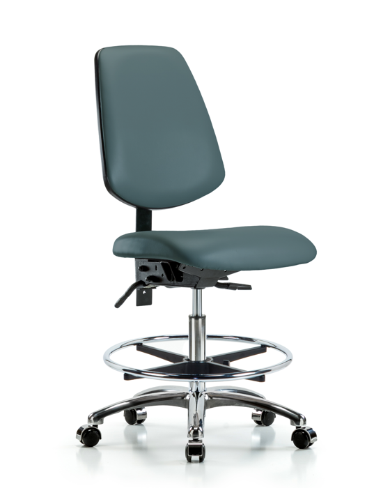 Blue Ridge Ergonomics VMBCH-MB-CR-T1-A0-CF-CC-8546 Rutledge Vinyl Chair Chrome - Medium Bench Height with Medium Back, Seat Tilt, Chrome Foot Ring, & Casters in Colonial Blue Trailblazer™ Vinyl