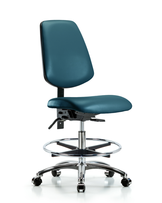 Blue Ridge Ergonomics VMBCH-MB-CR-T1-A0-CF-CC-8801 Rutledge Vinyl Chair Chrome - Medium Bench Height with Medium Back, Seat Tilt, Chrome Foot Ring, & Casters in Marine Blue Supernova™ Vinyl