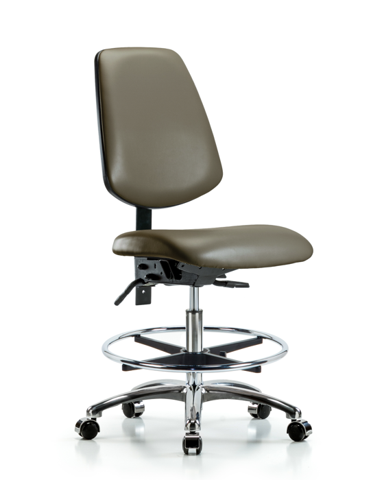Blue Ridge Ergonomics VMBCH-MB-CR-T1-A0-CF-CC-8809 Rutledge Vinyl Chair Chrome - Medium Bench Height with Medium Back, Seat Tilt, Chrome Foot Ring, & Casters in Taupe Supernova™ Vinyl