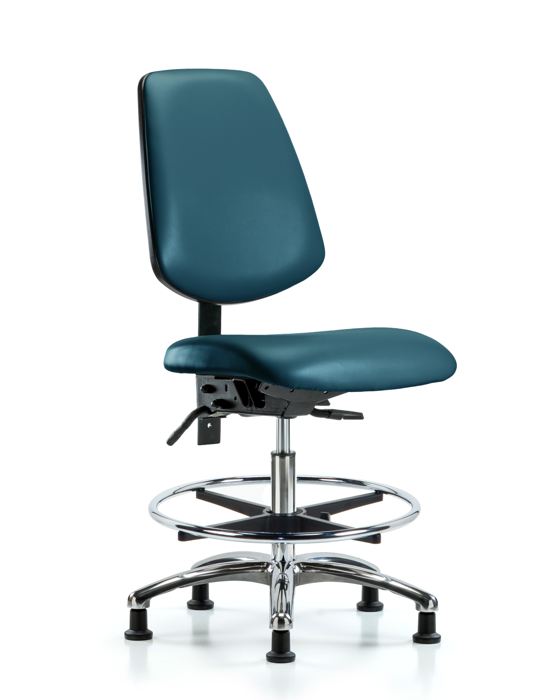 Blue Ridge Ergonomics VMBCH-MB-CR-T1-A0-CF-RG-8801 Rutledge Vinyl Chair Chrome - Medium Bench Height with Medium Back, Seat Tilt, Chrome Foot Ring, & Stationary Glides in Marine Blue Supernova™ Vinyl