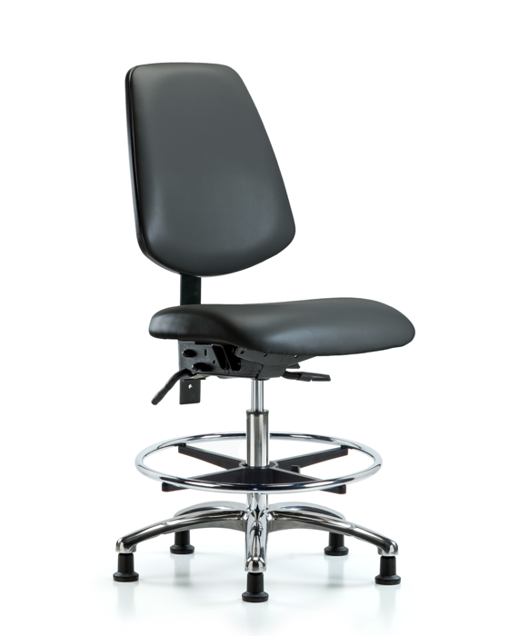 Blue Ridge Ergonomics VMBCH-MB-CR-T1-A0-CF-RG-8823 Rutledge Vinyl Chair Chrome - Medium Bench Height with Medium Back, Seat Tilt, Chrome Foot Ring, & Stationary Glides in Carbon Supernova™ Vinyl