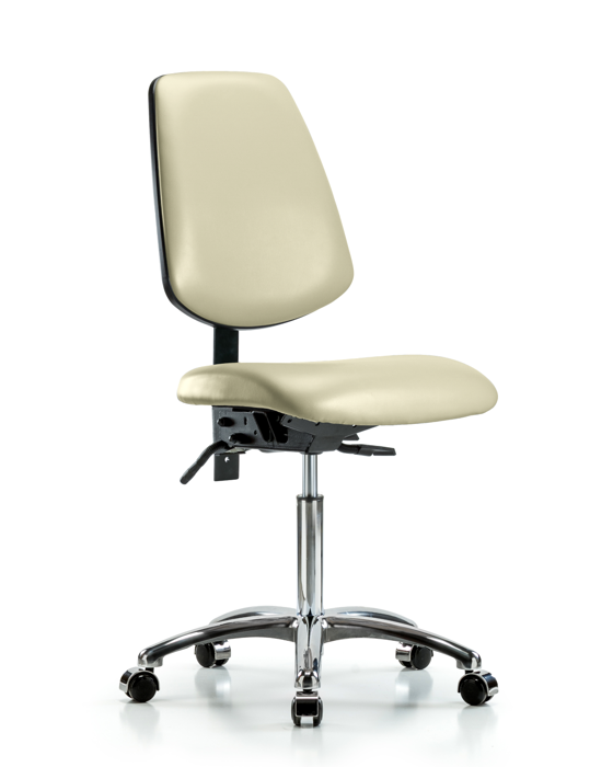 Blue Ridge Ergonomics VMBCH-MB-CR-T1-A0-NF-CC-8501 Rutledge Vinyl Chair Chrome - Medium Bench Height with Medium Back, Seat Tilt, & Casters in Adobe White Trailblazer™ Vinyl
