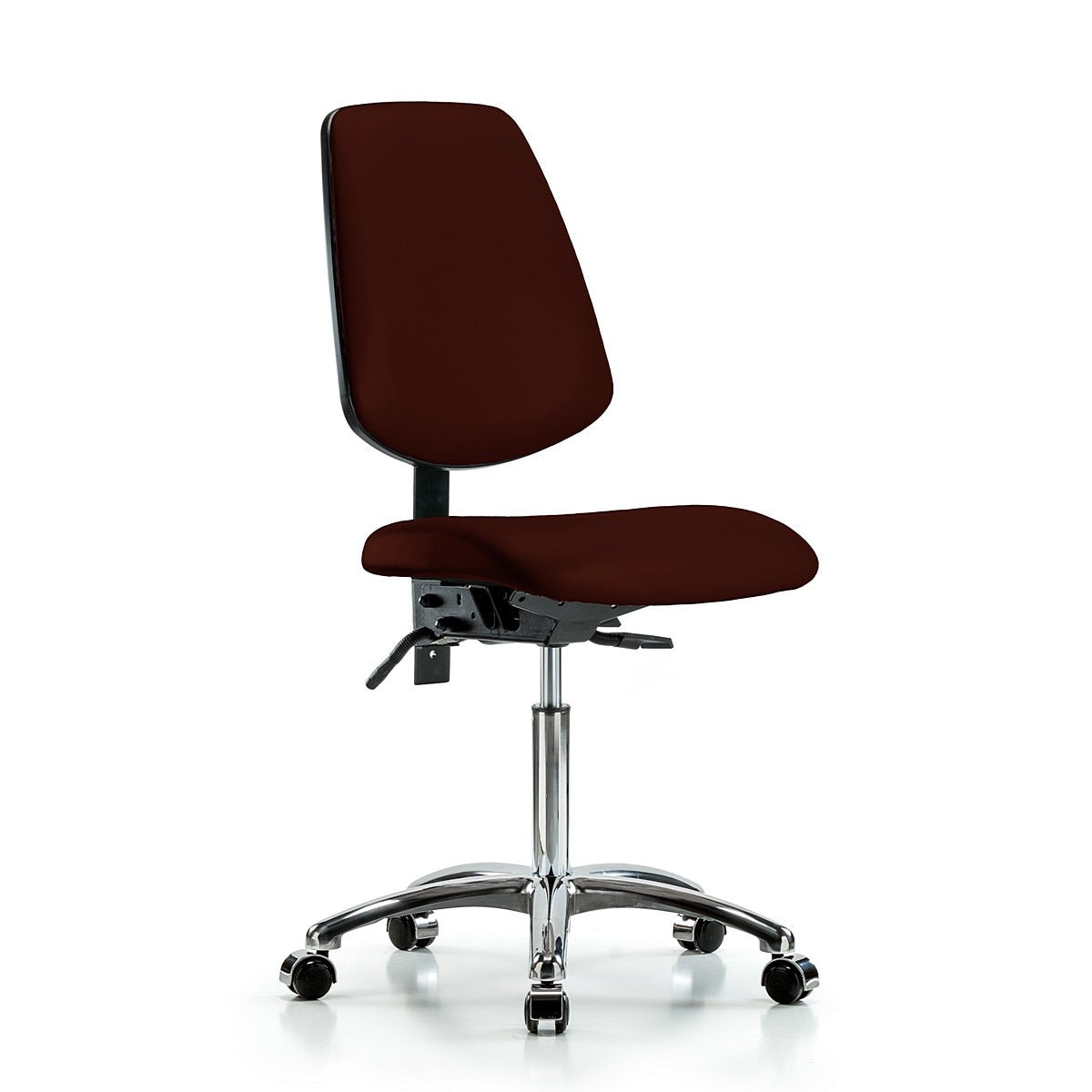 Blue Ridge Ergonomics VMBCH-MB-CR-T1-A0-NF-CC-8569 Rutledge Vinyl Chair Chrome - Medium Bench Height with Medium Back, Seat Tilt, & Casters in Burgundy Trailblazer™ Vinyl