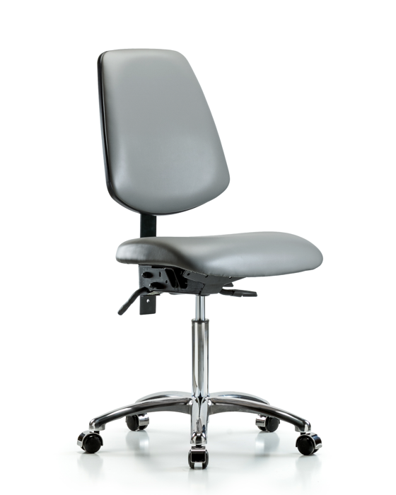Blue Ridge Ergonomics VMBCH-MB-CR-T1-A0-NF-CC-8840 Rutledge Vinyl Chair Chrome - Medium Bench Height with Medium Back, Seat Tilt, & Casters in Sterling Supernova™ Vinyl