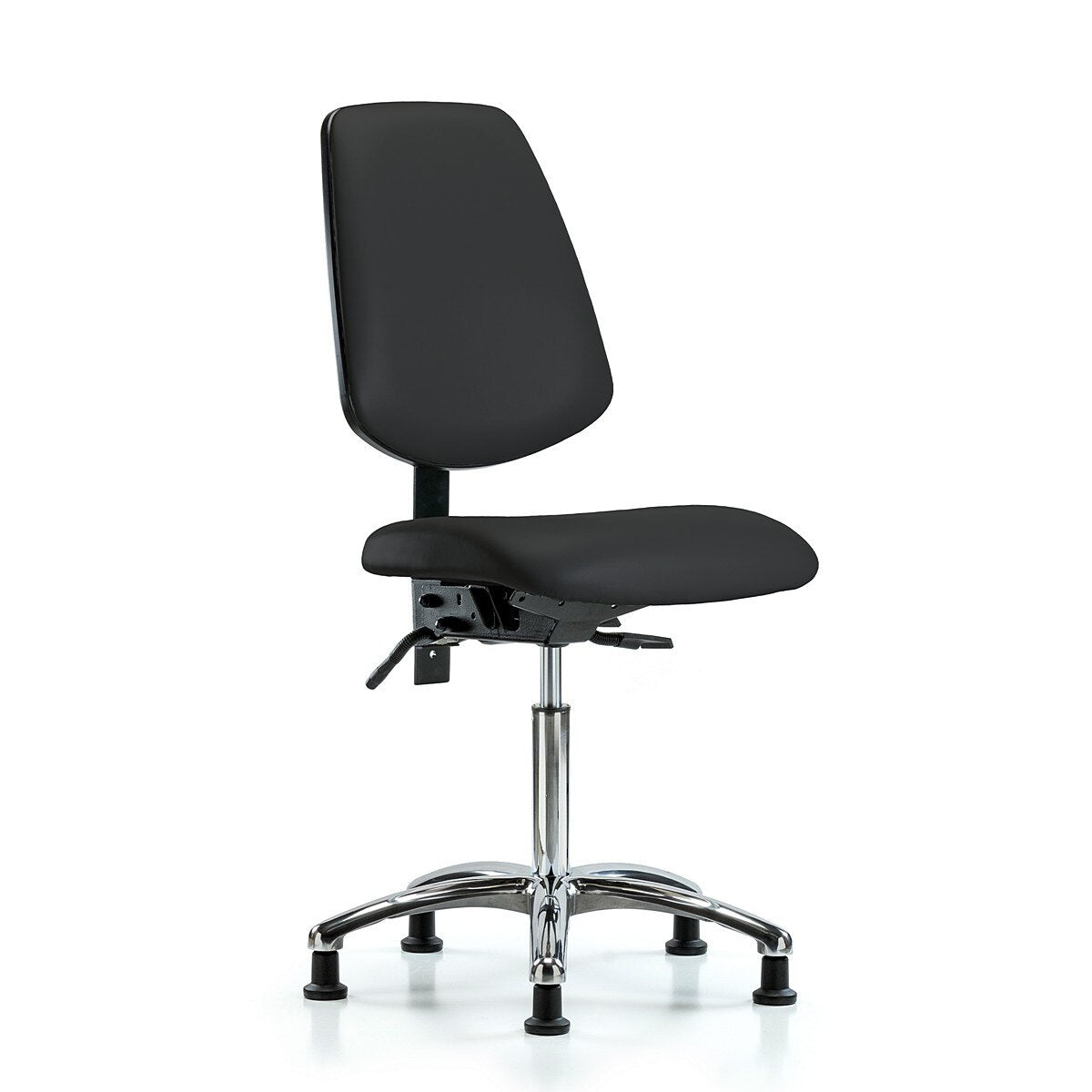 Blue Ridge Ergonomics VMBCH-MB-CR-T1-A0-NF-RG-8540 Rutledge Vinyl Chair Chrome - Medium Bench Height with Medium Back, Seat Tilt, & Stationary Glides in Black Trailblazer™ Vinyl