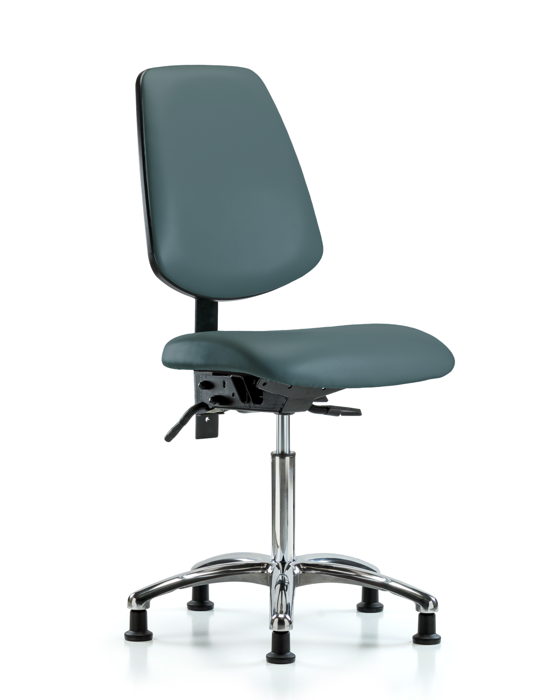 Blue Ridge Ergonomics VMBCH-MB-CR-T1-A0-NF-RG-8546 Rutledge Vinyl Chair Chrome - Medium Bench Height with Medium Back, Seat Tilt, & Stationary Glides in Colonial Blue Trailblazer™ Vinyl