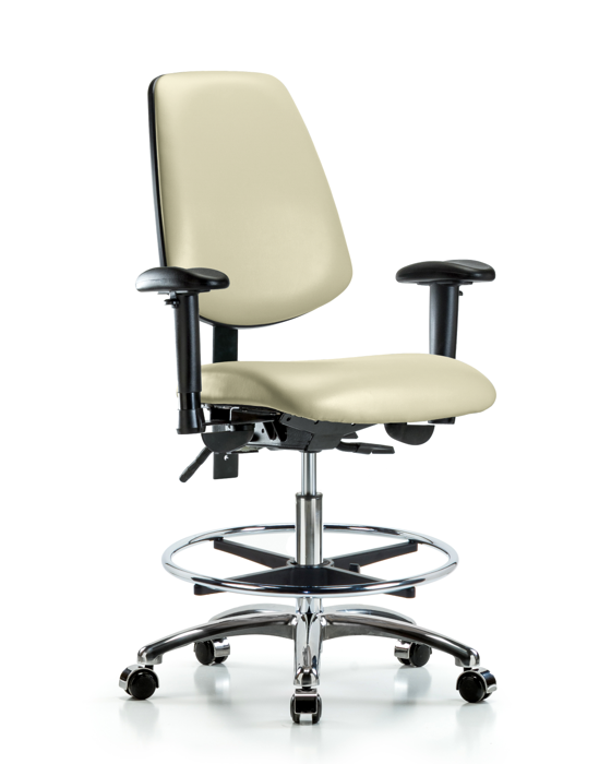 Blue Ridge Ergonomics VMBCH-MB-CR-T1-A1-CF-CC-8501 Rutledge Vinyl Chair Chrome - Medium Bench Height with Medium Back, Seat Tilt, Adjustable Arms, Chrome Foot Ring, & Casters in Adobe White Trailblazer™ Vinyl