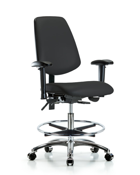 Blue Ridge Ergonomics VMBCH-MB-CR-T1-A1-CF-CC-8540 Rutledge Vinyl Chair Chrome - Medium Bench Height with Medium Back, Seat Tilt, Adjustable Arms, Chrome Foot Ring, & Casters in Black Trailblazer™ Vinyl
