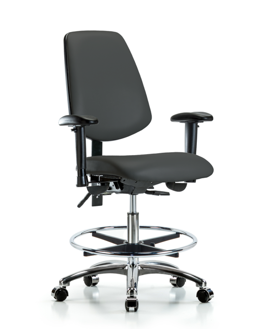 Blue Ridge Ergonomics VMBCH-MB-CR-T1-A1-CF-CC-8605 Rutledge Vinyl Chair Chrome - Medium Bench Height with Medium Back, Seat Tilt, Adjustable Arms, Chrome Foot Ring, & Casters in Charcoal Trailblazer™ Vinyl