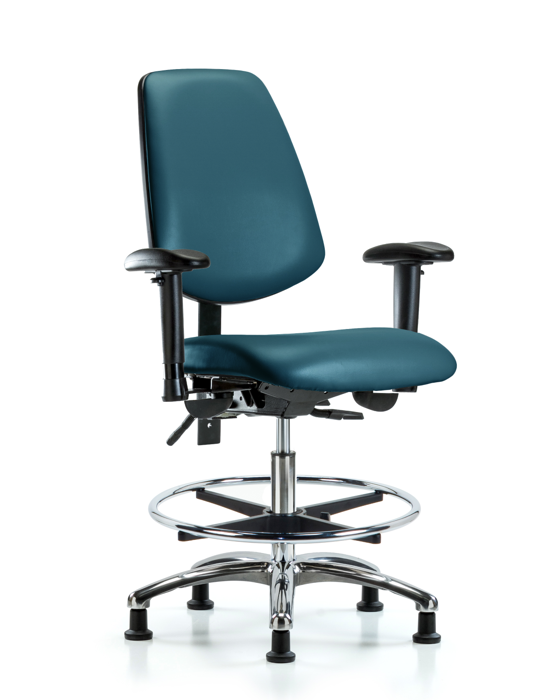 Blue Ridge Ergonomics VMBCH-MB-CR-T1-A1-CF-RG-8801 Rutledge Vinyl Chair Chrome - Medium Bench Height with Medium Back, Seat Tilt, Adjustable Arms, Chrome Foot Ring, & Stationary Glides in Marine Blue Supernova™ Vinyl