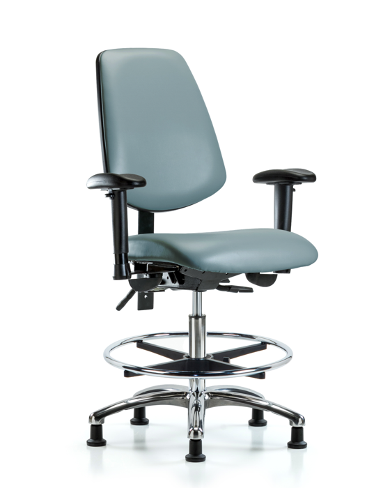 Blue Ridge Ergonomics VMBCH-MB-CR-T1-A1-CF-RG-8822 Rutledge Vinyl Chair Chrome - Medium Bench Height with Medium Back, Seat Tilt, Adjustable Arms, Chrome Foot Ring, & Stationary Glides in Storm Supernova™ Vinyl