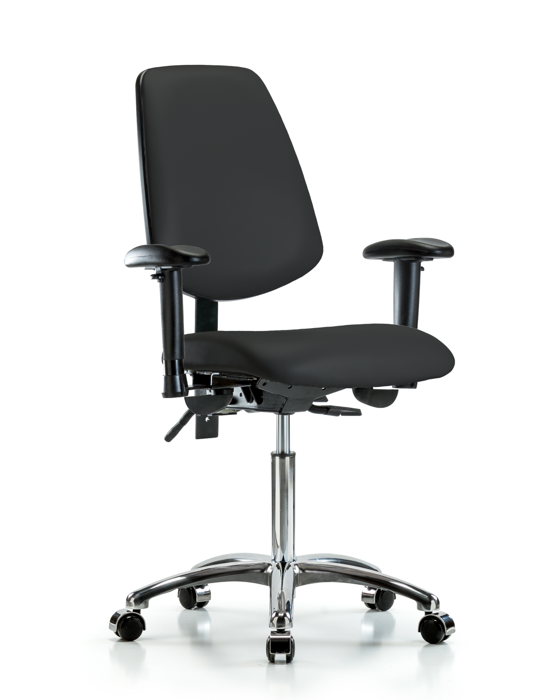 Blue Ridge Ergonomics VMBCH-MB-CR-T1-A1-NF-CC-8540 Rutledge Vinyl Chair Chrome - Medium Bench Height with Medium Back, Seat Tilt, Adjustable Arms, & Casters in Black Trailblazer™ Vinyl