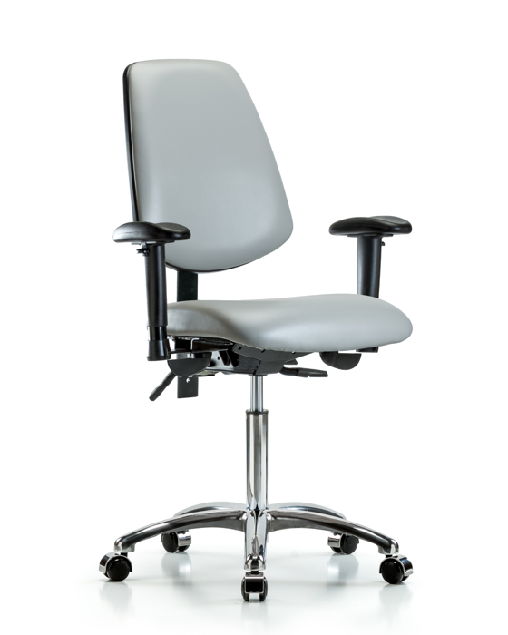 Blue Ridge Ergonomics VMBCH-MB-CR-T1-A1-NF-CC-8567 Rutledge Vinyl Chair Chrome - Medium Bench Height with Medium Back, Seat Tilt, Adjustable Arms, & Casters in Dove Trailblazer™ Vinyl