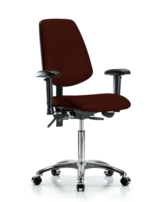 Blue Ridge Ergonomics VMBCH-MB-CR-T1-A1-NF-CC-8569 Rutledge Vinyl Chair Chrome - Medium Bench Height with Medium Back, Seat Tilt, Adjustable Arms, & Casters in Burgundy Trailblazer™ Vinyl