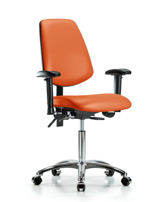 Blue Ridge Ergonomics VMBCH-MB-CR-T1-A1-NF-CC-8613 Rutledge Vinyl Chair Chrome - Medium Bench Height with Medium Back, Seat Tilt, Adjustable Arms, & Casters in Orange Kist Trailblazer™ Vinyl