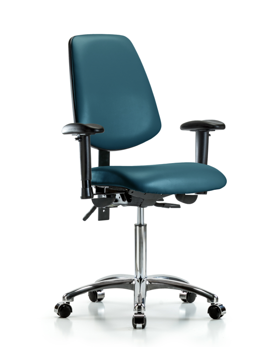 Blue Ridge Ergonomics VMBCH-MB-CR-T1-A1-NF-CC-8801 Rutledge Vinyl Chair Chrome - Medium Bench Height with Medium Back, Seat Tilt, Adjustable Arms, & Casters in Marine Blue Supernova™ Vinyl