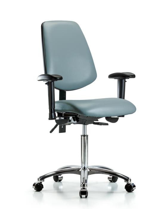 Blue Ridge Ergonomics VMBCH-MB-CR-T1-A1-NF-CC-8822 Rutledge Vinyl Chair Chrome - Medium Bench Height with Medium Back, Seat Tilt, Adjustable Arms, & Casters in Storm Supernova™ Vinyl