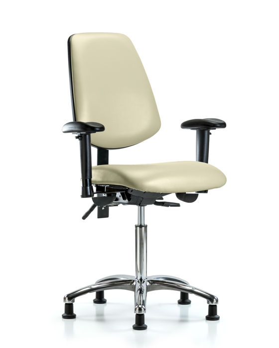 Blue Ridge Ergonomics VMBCH-MB-CR-T1-A1-NF-RG-8501 Rutledge Vinyl Chair Chrome - Medium Bench Height with Medium Back, Seat Tilt, Adjustable Arms, & Stationary Glides in Adobe White Trailblazer™ Vinyl