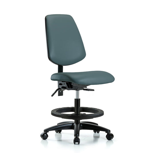 Blue Ridge Ergonomics VMBCH-RG-T0-A0-BF-RC-8546 Rutledge Vinyl Chair - Medium Bench Height with Black Foot Ring & Casters in Colonial Blue Trailblazer™ Vinyl