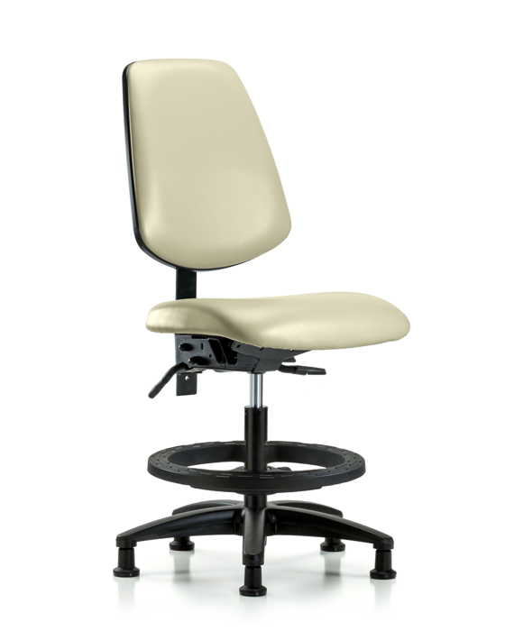 Blue Ridge Ergonomics VMBCH-MB-RG-T0-A0-BF-RG-8501 Rutledge Vinyl Chair - Medium Bench Height with Medium Back, Black Foot Ring, & Stationary Glides in Adobe White Trailblazer™ Vinyl