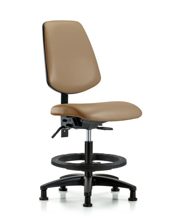 Blue Ridge Ergonomics VMBCH-MB-RG-T0-A0-BF-RG-8584 Rutledge Vinyl Chair - Medium Bench Height with Medium Back, Black Foot Ring, & Stationary Glides in Taupe Trailblazer™ Vinyl