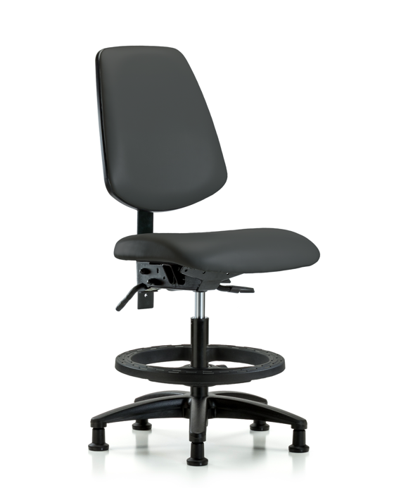 Blue Ridge Ergonomics VMBCH-MB-RG-T0-A0-BF-RG-8605 Rutledge Vinyl Chair - Medium Bench Height with Medium Back, Black Foot Ring, & Stationary Glides in Charcoal Trailblazer™ Vinyl