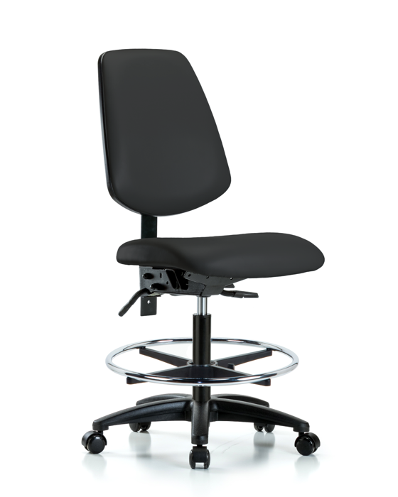 Blue Ridge Ergonomics VMBCH-MB-RG-T0-A0-CF-RC-8540 Rutledge Vinyl Chair - Medium Bench Height with Medium Back, Chrome Foot Ring, & Casters in Black Trailblazer™ Vinyl
