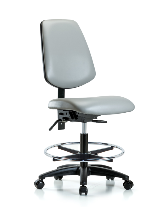 Blue Ridge Ergonomics VMBCH-MB-RG-T0-A0-CF-RC-8567 Rutledge Vinyl Chair - Medium Bench Height with Medium Back, Chrome Foot Ring, & Casters in Dove Trailblazer™ Vinyl