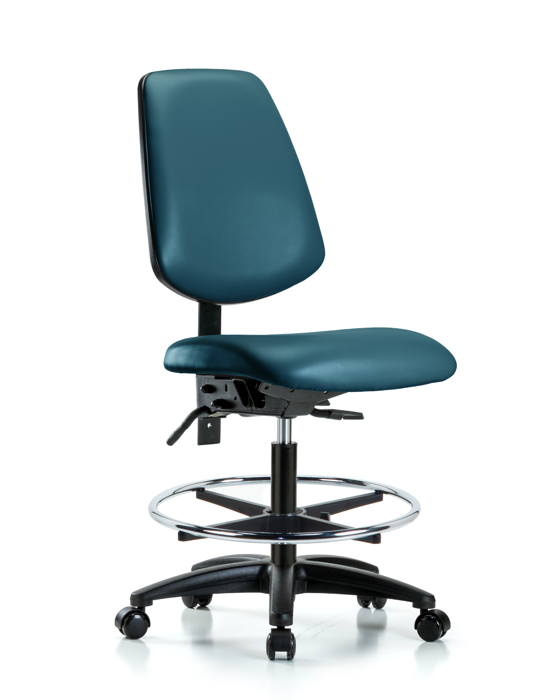 Blue Ridge Ergonomics VMBCH-MB-RG-T0-A0-CF-RC-8801 Rutledge Vinyl Chair - Medium Bench Height with Medium Back, Chrome Foot Ring, & Casters in Marine Blue Supernova™ Vinyl