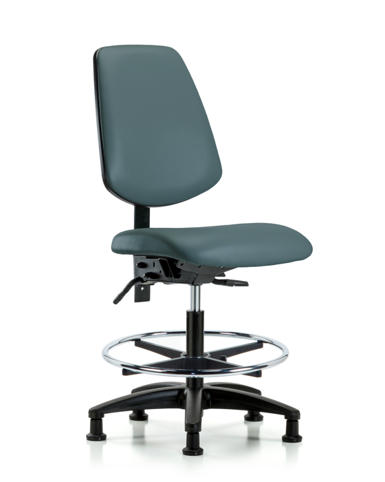 Blue Ridge Ergonomics VMBCH-MB-RG-T0-A0-CF-RG-8546 Rutledge Vinyl Chair - Medium Bench Height with Medium Back, Chrome Foot Ring, & Stationary Glides in Colonial Blue Trailblazer™ Vinyl