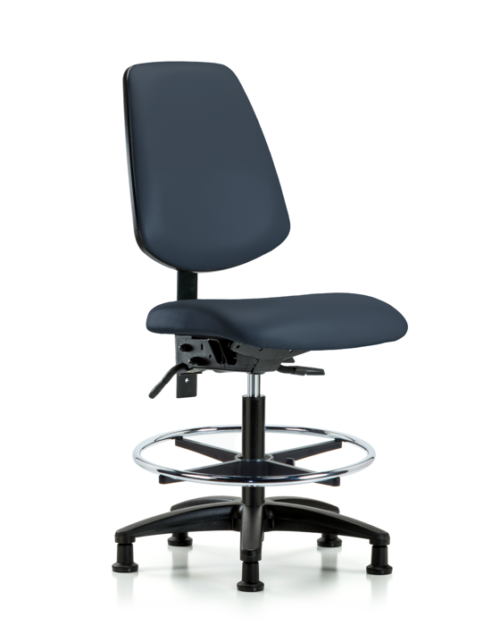 Blue Ridge Ergonomics VMBCH-MB-RG-T0-A0-CF-RG-8582 Rutledge Vinyl Chair - Medium Bench Height with Medium Back, Chrome Foot Ring, & Stationary Glides in Imperial Blue Trailblazer™ Vinyl